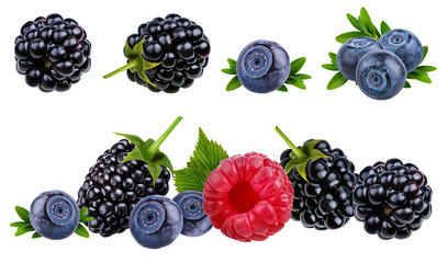 Collage of fresh berries isolated on white background with clipping path