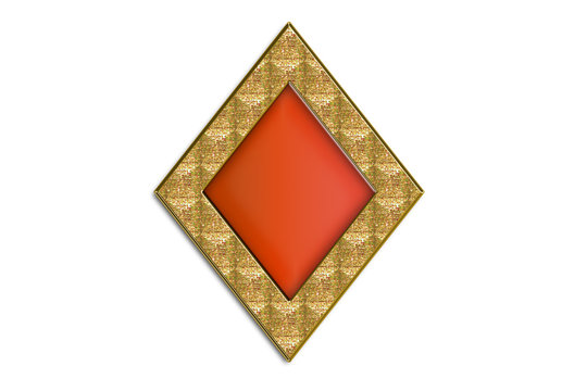 Joya en forma de rombo con piedra rojo y marco dorado.