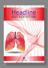 Cover template for books, banner, journal. Sick human realistic lungs and trachea in low poly. Line waves. Inflammation around both lungs.  Vector.