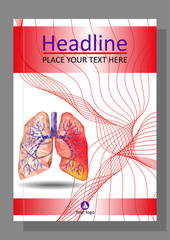Cover template for books, banner, journal. Sick human realistic lungs and trachea in low poly. Line waves. Inflammation around one lung.  Vector.