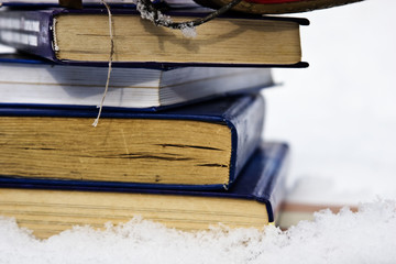High heel shoes on a pile of books with a barbed wire on a white background