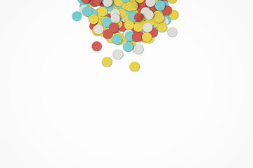 Colorful rounded paper carnival confetti abstract illustration isolated on colored backgroud.
