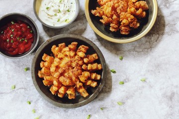 Homemade Blooming onion with dipping sauce / Game day food overhead view