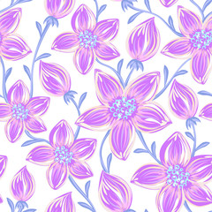 Floral seamless pattern. Hand drawn creative flowers. Artistic background with blossom. Abstract herb. It can be used for wallpaper, textiles, wrapping, card. Vector illustration, eps10