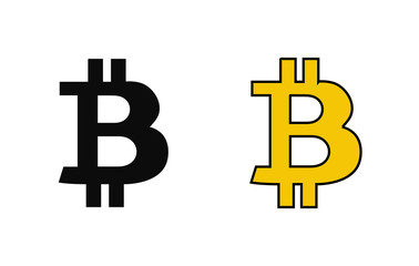 Two letter symbols of bitcoin cryptocurrency, one coin in black and the other in yellow. Digital or virtual currencies, revolutionary new electronic money. Isolated vector.