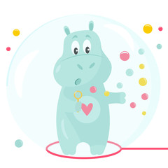 Vector image of a funny hippo with soap bubbles