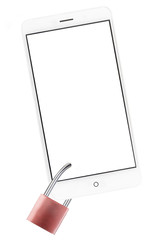 conceptual message of smartphone addiction danger: smartphone cren with copy text with a padlock on white