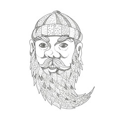 Doodle art illustration of head of Paul Bunyan, a giant lumberjack in American folklore with full beard viewed from front on isolated background done in black and white.
