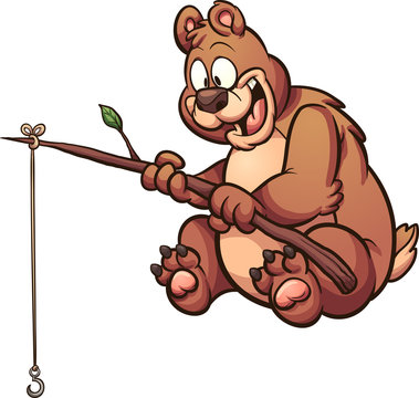 Cartoon fishing bear. Vector clip art illustration with simple gradients. Some elements on separate layers. 