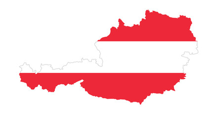 Republic of Austria flag in country silhouette. Landmass and borders as outline, within the banner of the nation in colors red and white. Isolated illustration on white background. Vector.