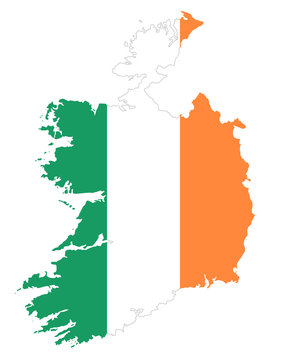 Republic of Ireland flag in country silhouette. Landmass and borders as outline, within the banner of the nation in colors green, white and orange. Isolated illustration on white background. Vector.