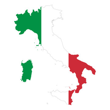 Italian Republic flag in country silhouette. Landmass and borders of Italy as outline, within the banner of the nation in colors green, white and red. Isolated illustration on white background. Vector