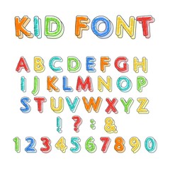 Colorful doodle alphabet. Kids handwritten doodles font or childlike pencil scratch letters and numbers vector illustration