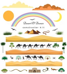 Desert game set. Vector cartoon desert scenery constructor kit with dunes and mountains, camels and cacti for games landscape