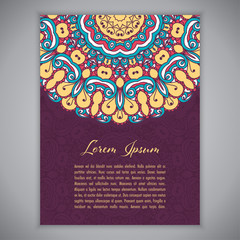Greeting card, invitation or flyer template with ethnic mandala ornament. Hand drawn vector illustration