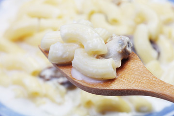 Delicious macaroni with mushroom, clam, cheese-flavor sauce on the plate 