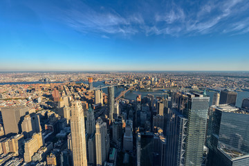 Aerial view of Skyline with Skyscrapers in Downtown Manhattan and Lower Manhattan, New York City, USA.