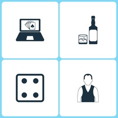 Vector Illustration Set Casino Icons. Elements of Poker game, Whiskey bottle, Dice game and Croupier icon