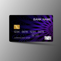 Realistic detailed credit card. With inspiration from the abstract blue and black color on the gray background. Glossy plastic style. Vector illustration design EPS10