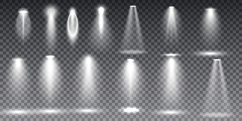 Big Collection Realistic white Scene illumination, theater studio, business presentation spotlights , special effects on transparent background.