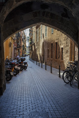 one of the many narrow streets of the old town of Palma de Mallorca