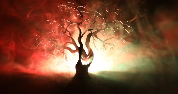 Silhouette of scary Halloween tree with horror face on dark foggy toned background with moon on back side. Scary horror tree with zombie and monster demon faces.