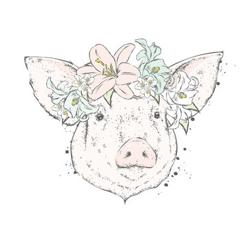 A beautiful pig in a wreath of lilies. Flowers. Vector illustration.