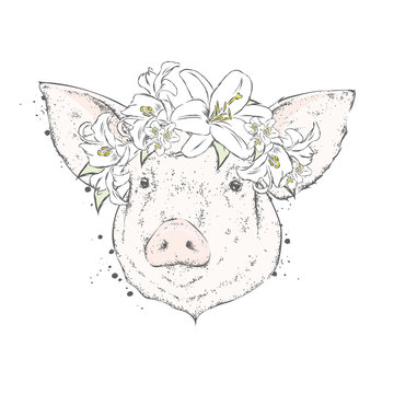 A beautiful pig in a wreath of lilies. Flowers. Vector illustration.