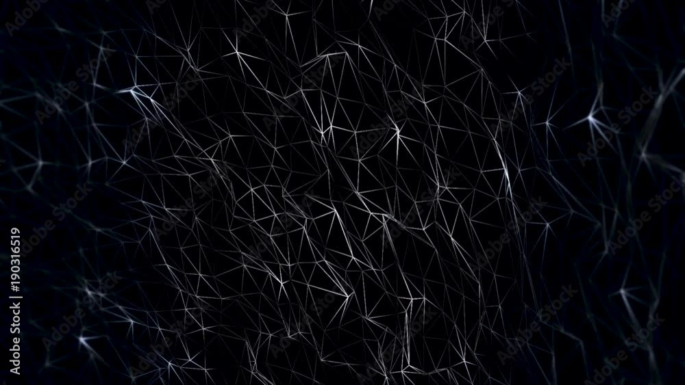 Poster abstract moving background. triangles, dots and lines are connecting with shine on black background.