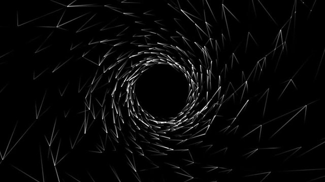 Abstract background with animation of white geometric shapesin and abstract futuristic tunnel with light. Animation of seamless loop. animation of rotation circles and rings with light rays and glow