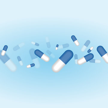 Fly out blue pills medication concept isolated in transparent background
