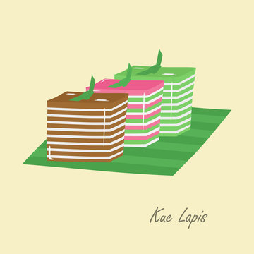 Kue Lapis, Indonesian colorful layered cake. Indonesian traditional dessert cartoon vector