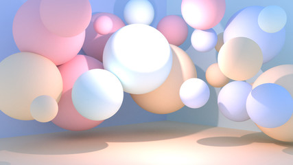 Pastel room decorated with random sizes balls. 3d rendering picture.