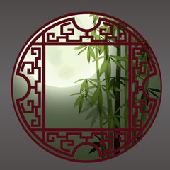 Obraz premium Chinese Window Frame, The Bamboo Under Moonlight 