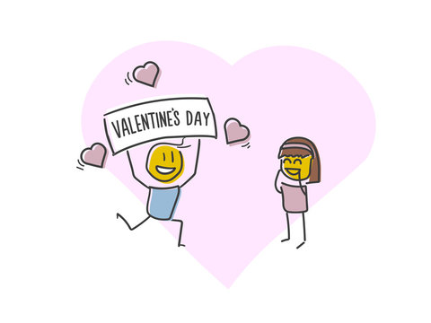 Cute valentines illustration with boy, girl and hearts. Vector doodle illustration for Valentine's Day
