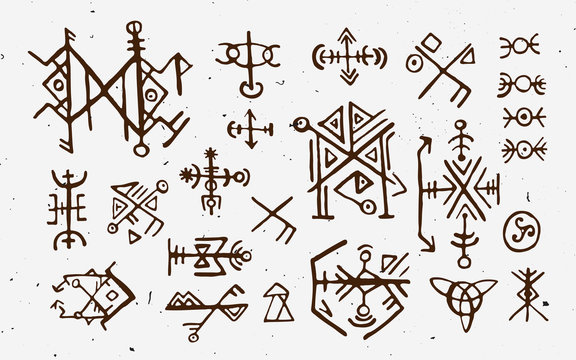 Futhark norse islandic and viking runes set. Magic hand draw symbols as scripted talismans. Vector set of ancient runes of Iceland. Galdrastafir, mystic signs of early North magic. Ethnic norse viking