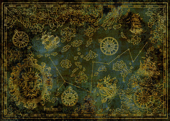 Pirate treasure map with old sailing vessels, islands, compass and decorative nautical elements on grunge texture. Pirate adventures, treasure hunt and old transportation concept