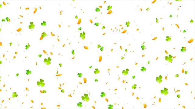 Green shamrocks and orange confetti St. Patricks Day motion design. Seamless looping. Video animation Ultra HD 4K 3840x2160