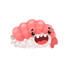 Cute happy Ebi sushi character with funny face, Japanese food with funny face cartoon vector Illustration