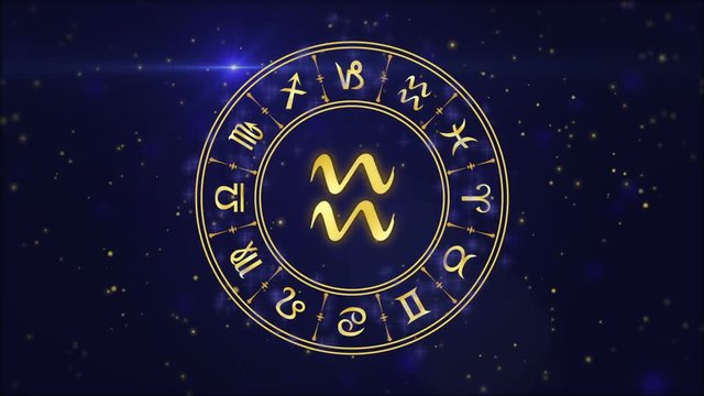 Zodiac sign Aquarius and horoscope wheel on the dark blue background