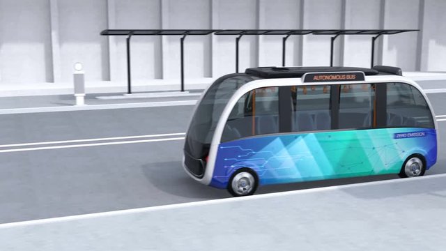 Autonomous shuttle bus driving in bus station. The bus station equipped with solar panels for electric power. 3D rendering animation.