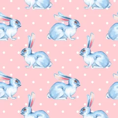 Wall murals Rabbit Seamless pattern with white rabbits 4