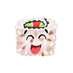 Cute happy laughing sushi character, roll with funny face cartoon vector Illustration