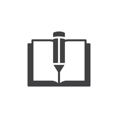Text book and pen icon vector, filled flat sign, solid pictogram isolated on white. Notebook with pencil symbol, logo illustration.
