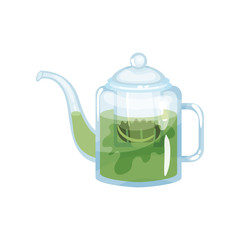 Natural green herbal tea in a glass transparent teapot with with aroma fresh herbs vector Illustration