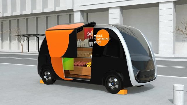 Self-driving vending car parking on the street. The vending car selling goods without stuff there. Mobile convenience store concept. 3D rendering animation.