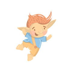 Cute smiling troll boy character, funny creature having fun and jumping cartoon vector Illustration