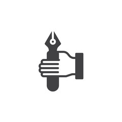 Hand holding fountain pen icon vector, filled flat sign, solid pictogram isolated on white. Pen in hand symbol, logo illustration.