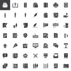 Copywriting vector icons set, modern solid symbol collection, filled style pictogram pack. Writer, blogging signs, logo illustration. Set includes icons as letter, notebook, pen, pencil, feather