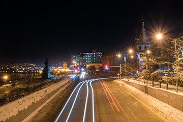 Fototapeta na wymiar Night view of the Cathedral of the Epiphany in Irkutsk